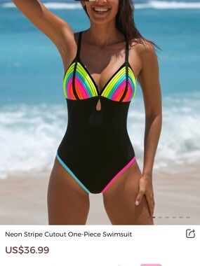 NWT Neon Stripe Cutout One-Piece Swimsuit - Black with Neon Accents